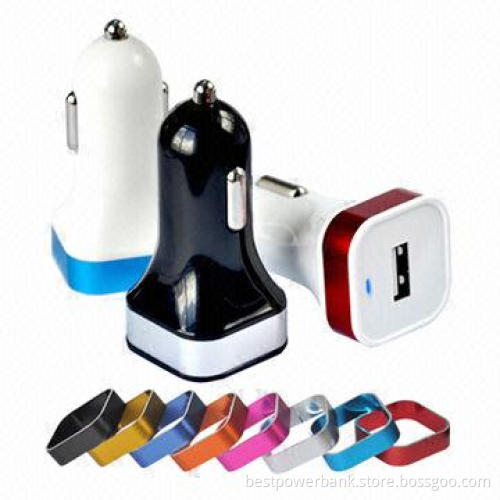 Single USB Car Chargers with Aluminum Rim, Made of ABS + Aluminum, 8 Colors Optional